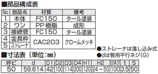 D-5BS-50 防水用床排水トラップ普及型 アウスのことなら配管資材の材料