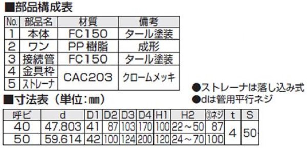 D-5B 40-50 防水用床排水トラップ アウスのことなら配管資材の材料屋