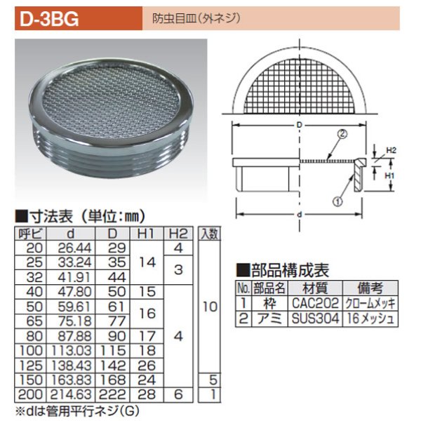 アウス 防虫目皿（外ネジ） 1個 D-3BG 40 - 配管工具