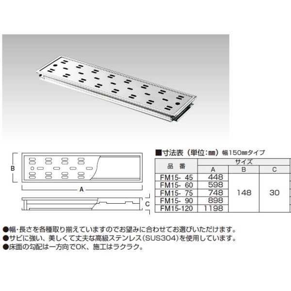 画像1: 【アウス】 FM15-45　幅150浅型ハイとーる浅型ステンレス製枠付排水目皿のみ【A6】 (1)