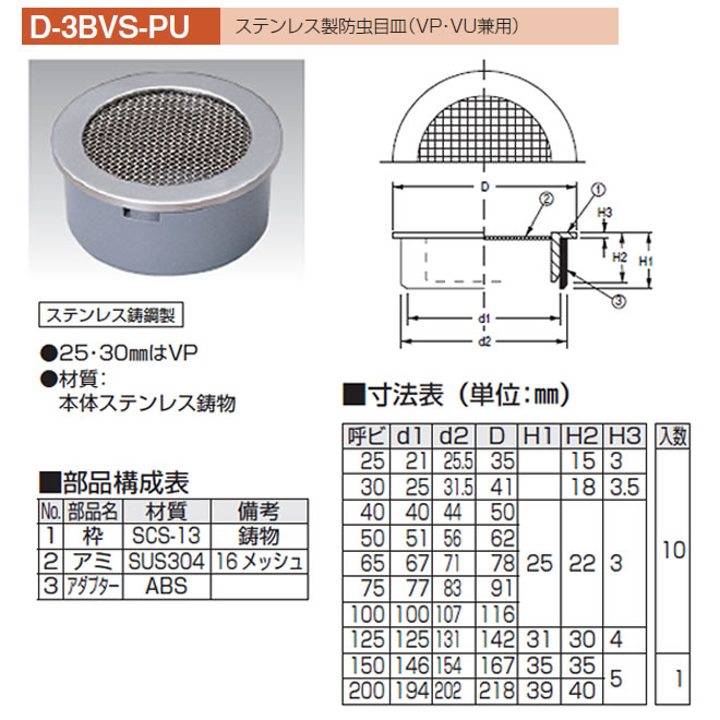 アウス サランネット防虫目皿（VP・VU兼用） 1個 D-3BA-PU 50 - 配管工具