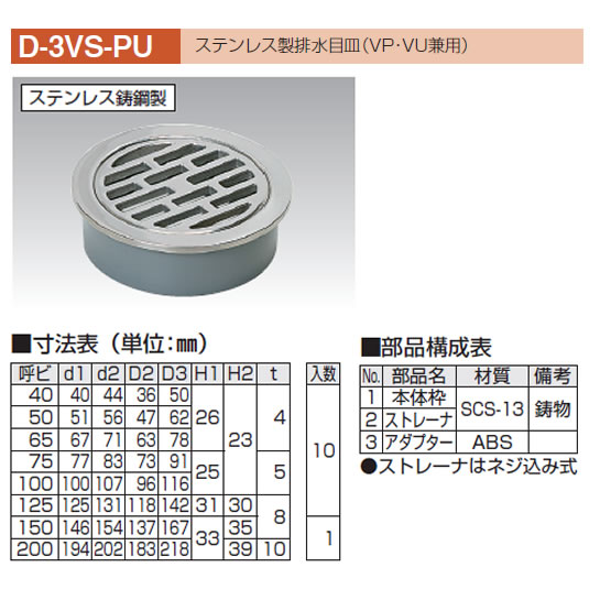 正規品／アウス ステンレス製排水目皿（VP・VU兼用）防虫アミ付 AWES