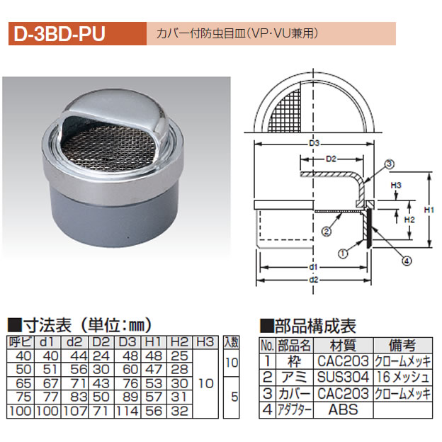 アウス D-3BQ-E 125 [山形防虫目皿(内ネジ)]：総合通販PREMOA 店+